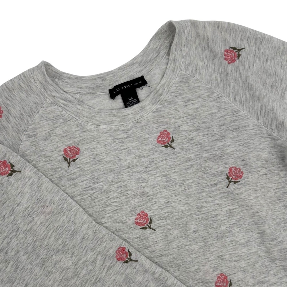 Joan Vass Gray Rose Embroidered Sweatshirt Women's Cozy Pullover Top Size XS